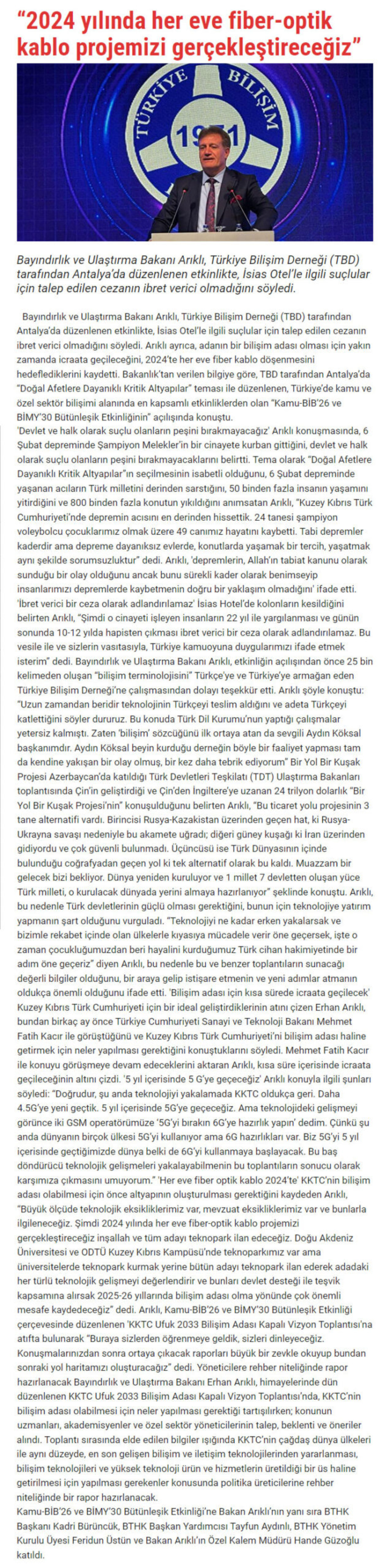 “2024 Yılında Her Eve Fiber-Optik Kablo Projemizi Gerçekleştireceğiz” – STAR KIBRIS