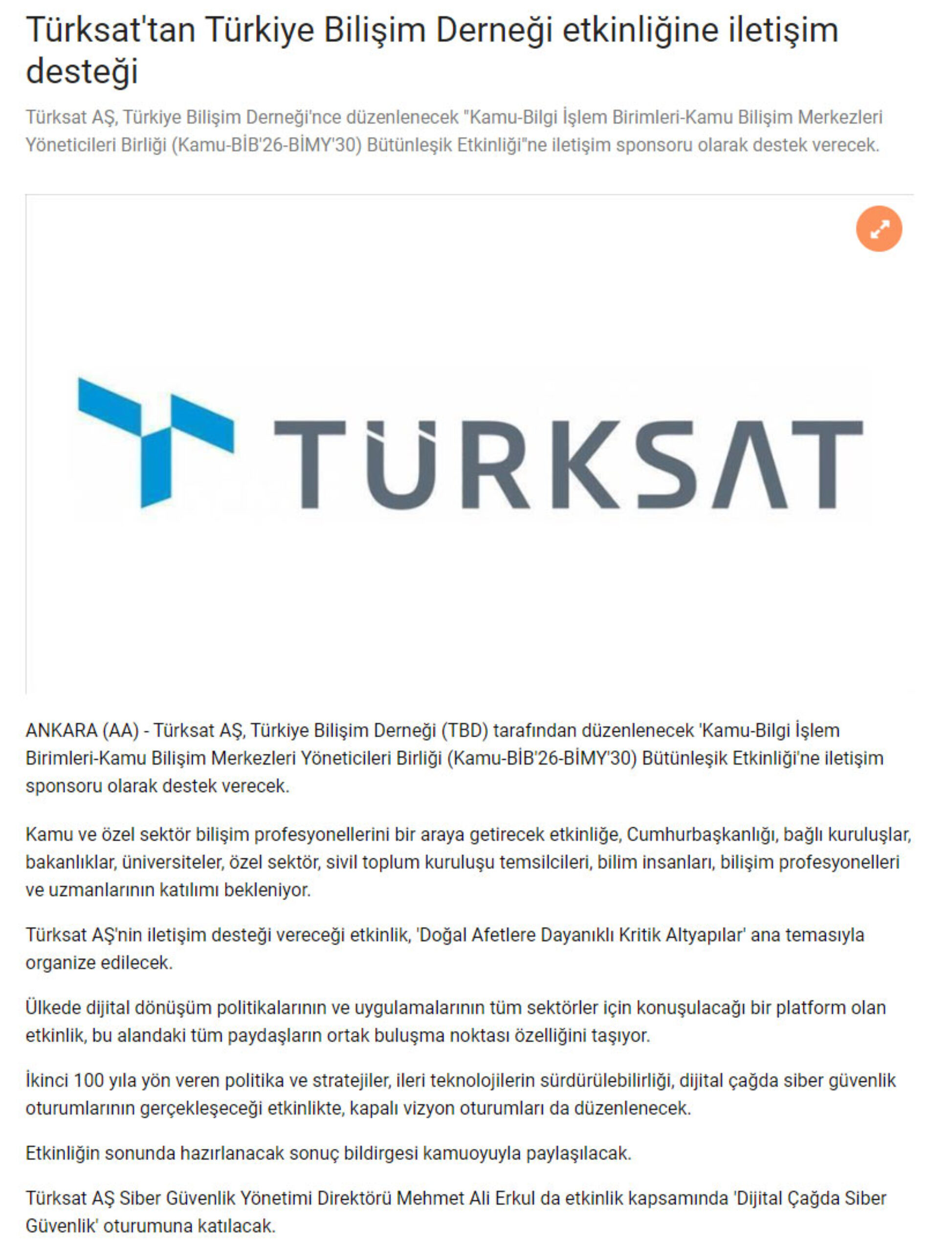 Türksat’tan Türkiye Bilişim Derneği Etkinliğine İletişim Desteği – ANADOLU AJANS