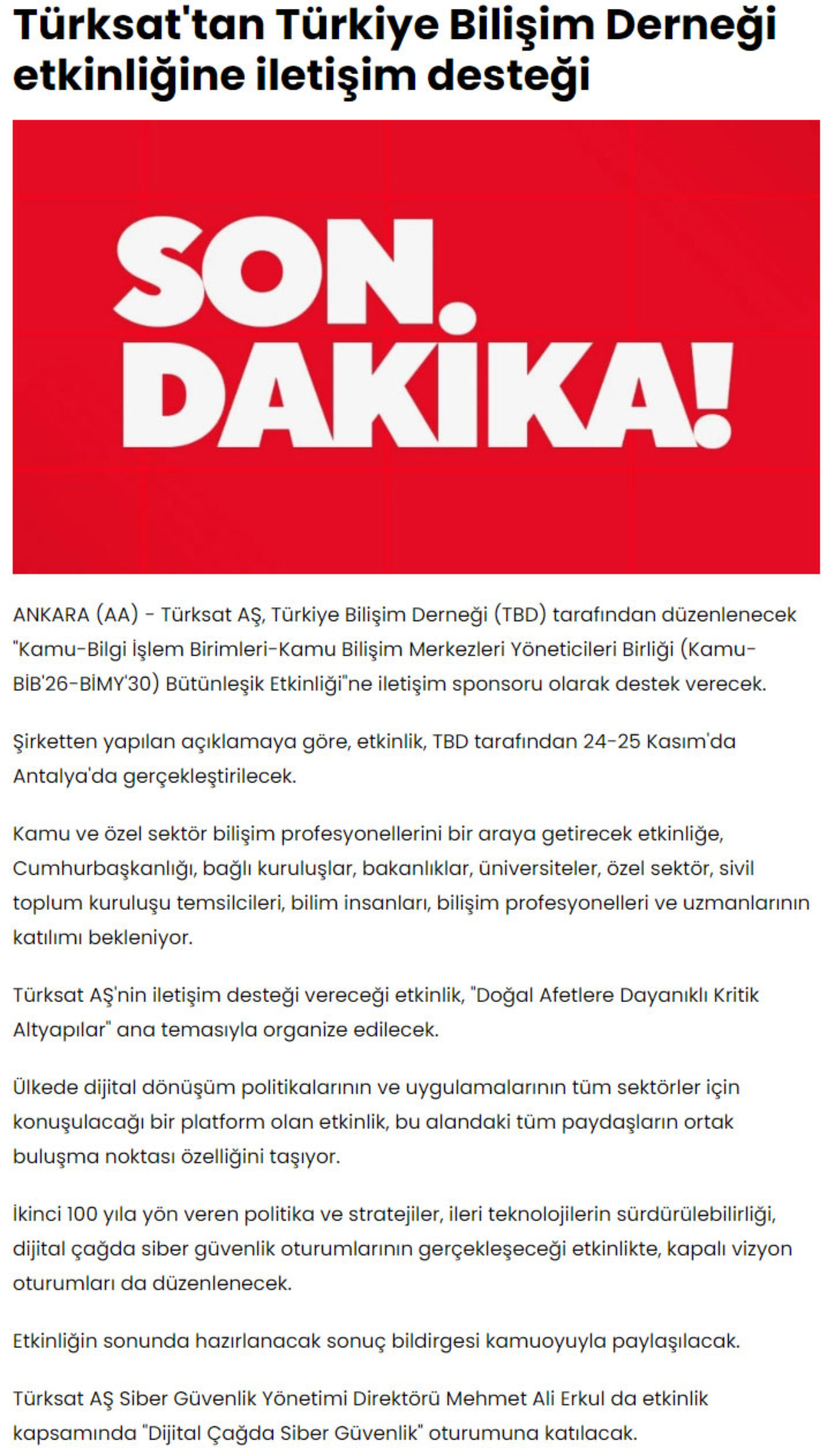 Türksat’tan Türkiye Bilişim Derneği Etkinliğine İletişim Desteği – URFADA BUGÜN